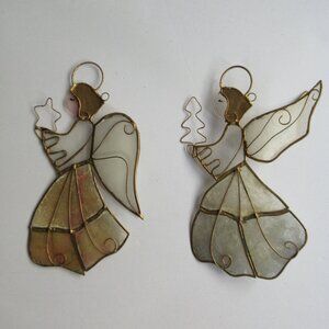 Capiz Shell Angel Christmas Ornaments 5” Vintage 1990 Set of 2